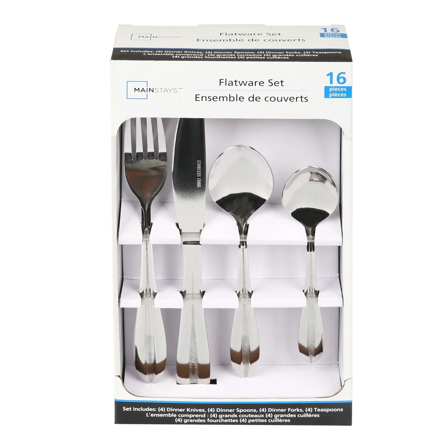 Ensemble de couverts en acier inoxydable 16 pièces Mainstays Layton, argent