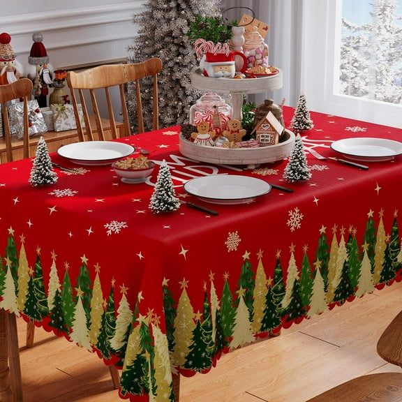 Christmas Tablecloth 60x84 Inch Rectangle, Red Merry Christmas Trees Washable Table Cover Waterproof Seasonal Winter Scalloped Edge Dining Table Cloth Home Party Decor