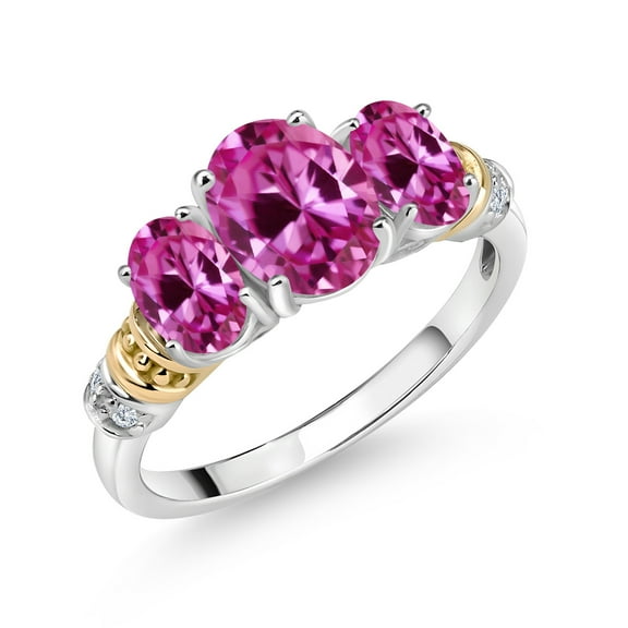 Gem Stone King 925 Sterling Silver and 10K Yellow Gold Oval Pink Created Sapphire and White Diamond 3 Stone Ring for Women (2.68 Cttw, Gemstone September Birthstone, Size 8)