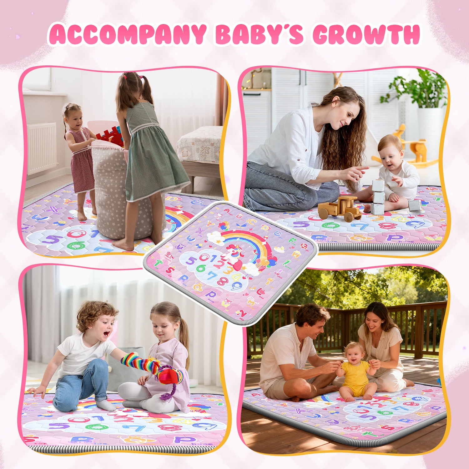 WonderStone Baby Play Mat for the Floor, 50" x 50" Tummy Time Mat, Playpen Mat for Babies, Toddlers, Infants 0-36 Months (Pink）