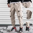 thumbnail image 4 of Pantalones cargo casuales para hombre con cintura elástica, cordón ajustable, bolsillo con solapa y letras estampadas, 4 of 7