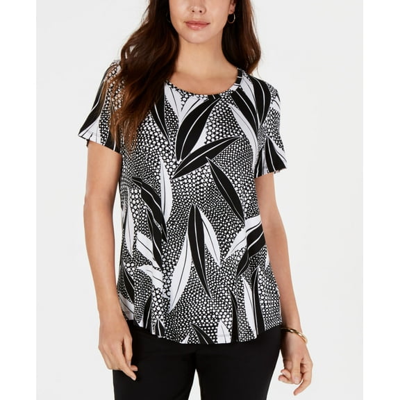 JM Collection Printed Scoop Neck Top Black Spotted S