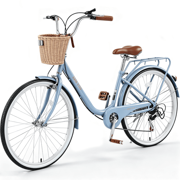 POVANLI 26'' Ladies Bicycle with Basket Adult Full Shimano 7 Speed Ladies Bicycle, Double V Brakes Bicycle, Steel Frame Commuter City Bike for Ladies,Blue (Gift)