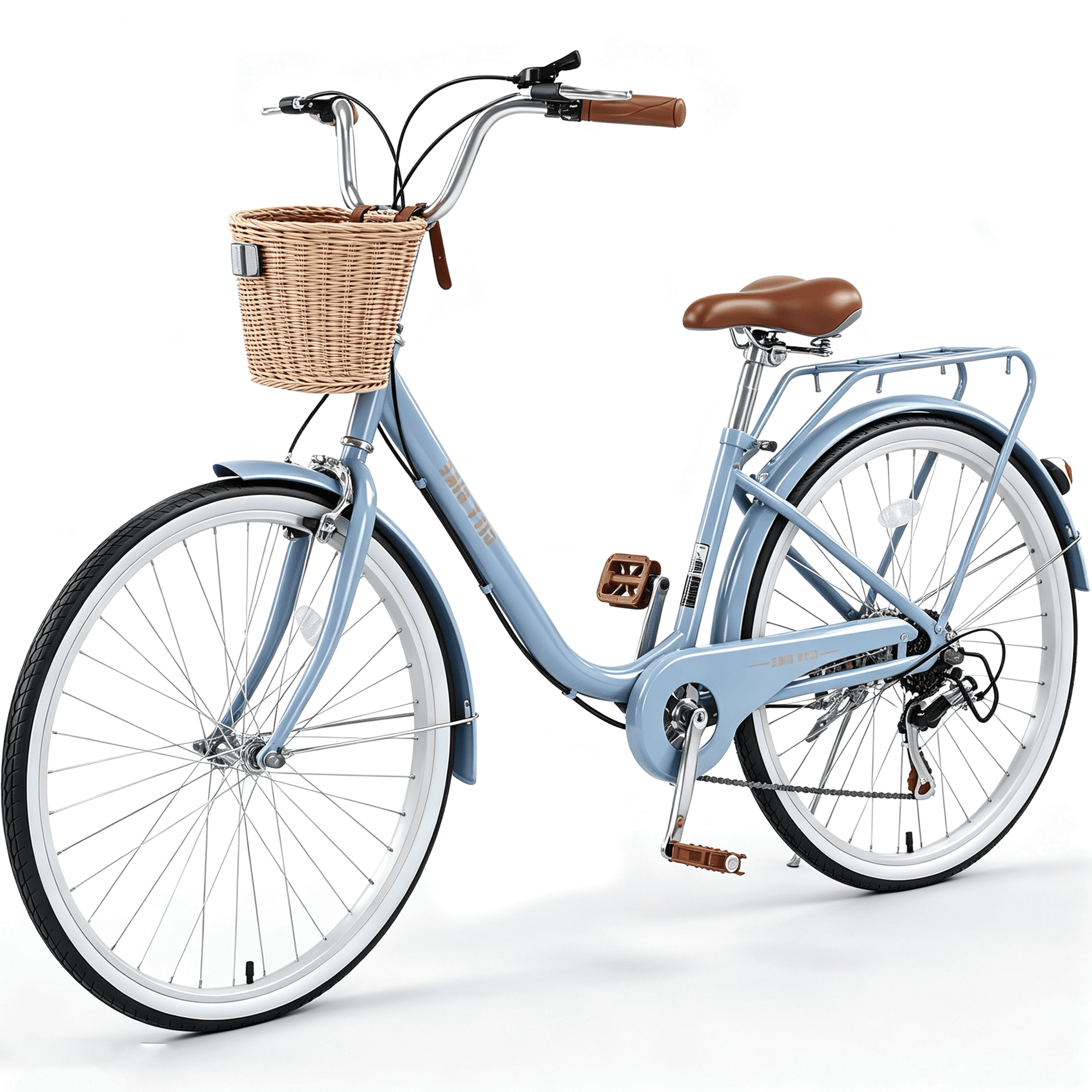 POVANLI 26'' Ladies Bicycle with Basket Adult Full Shimano 7 Speed Ladies Bicycle, Double V Brakes Bicycle, Steel Frame Commuter City Bike for Ladies,Blue (Gift)