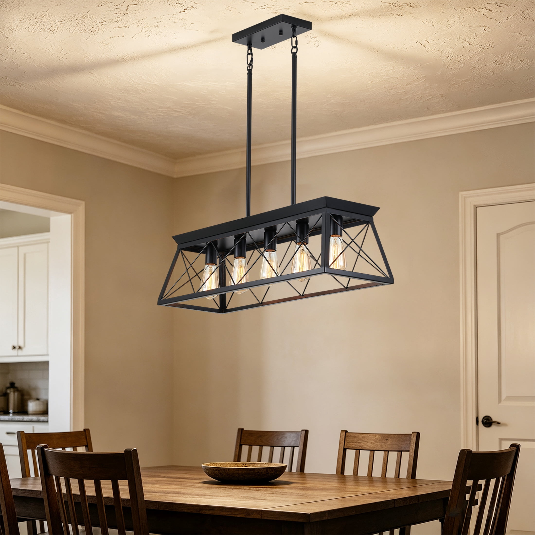 GDF Studio 5-Light E26 Farmhouse Chandelier, Rustic Kitchen Island Pendant Light with Adjustable Height, Black