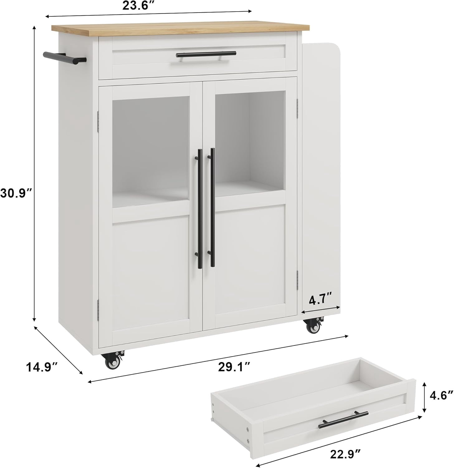 Multi-Functional Kitchen Island Cart with 2 Glass-Door Cabinets, Drawer, Spice Rack, and Towel Bar on Wheels