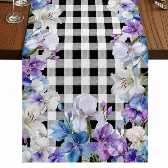 Table Runners 72 Inches Long Dress Scarves, Spring Flowers Farmhouse Kitchen/Dining Table Runner, Coffee Tablerunners, Watercolor Blossom Floral Black Plaid 13x72 Inch