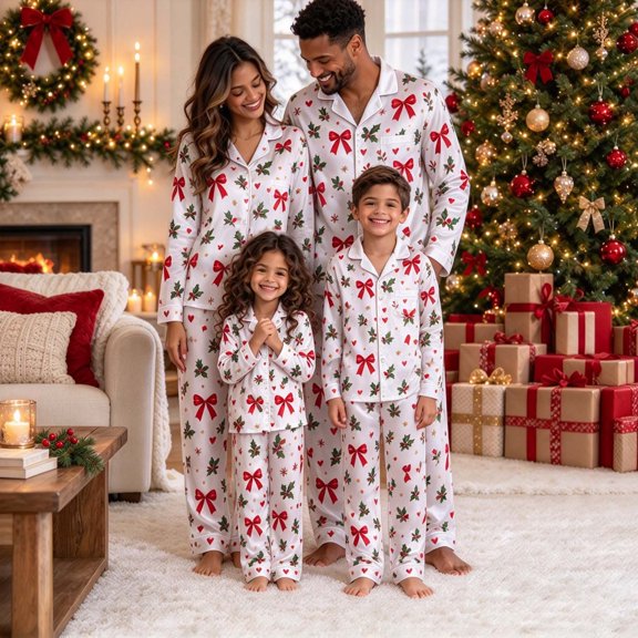 Kelon Family Matching Sets, Silk Satin Christmas Pajamas for Family with Red Bow, Matching Christmas Pajamas for Couples, Christmas Family Pajamas Matching Sets, Christmas Pjs for Family