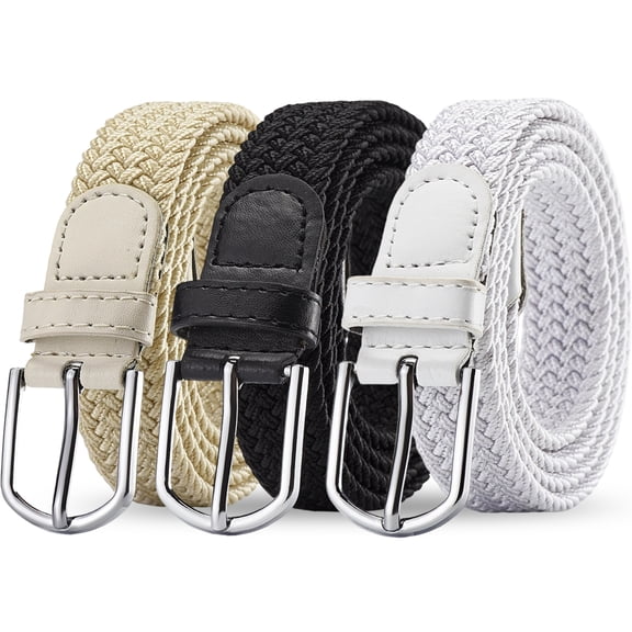 3 Pack Men Women Elastic Braided Belt, No-Hole Stretch Woven Belt with Alloy Buckle, Adjustable, Cut-to-Fit for Jeans, Pants, Casual Wear