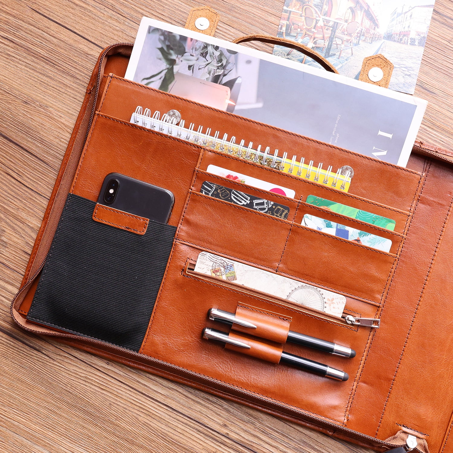 7 Ring Check Binder Cowhide Leather Check Portfolio for 3-Up Business Checks, Check Book Binder with Handle, Zippered Check Holder with 500 Check Capacity, Personalized Checkbook