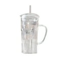 thumbnail image 1 of Vasos de vidrio acanalados con tapa, pajitas y asa; transparentes, reutilizables, para café helado y té; aptos para lavavajillas; cristalería para bar doméstico, 1 of 8