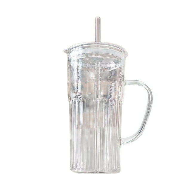 Vasos de vidrio acanalados con tapa, pajitas y asa; transparentes, reutilizables, para café helado y té; aptos para lavavajillas; cristalería para bar doméstico