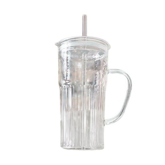 Tasses en Verre Côtelées avec Couvercles et Poignées Réutilisables pour Café Glacé Vaisselle de Boisson Ustensiles Transparents pour Boissons