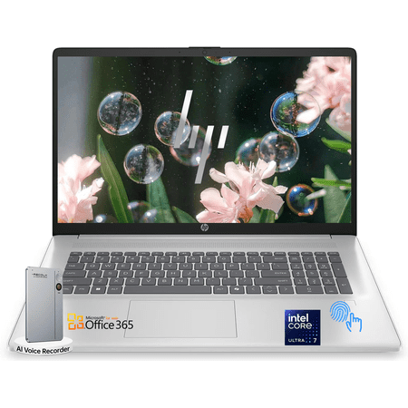 HP 17t 17.3" HD+ Touchscreen Laptop, Intel Ultra 7 255U, Windows 11 Home, Backlit Keyboard, Fingerprint Reader, 8GB DDR5, 256GB SSD, Reclox AI Voice Recorder, Office 365 for the web