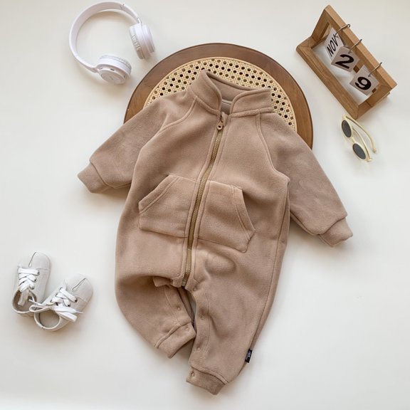 QIbmong Sherpa Romper for Newborn Infants Zip-Up Long Sleeve Bodysuit Casual Snap Button Fleece Jumpsuit Winter Warm Outfits with Pockets(18 Months,Khaki)