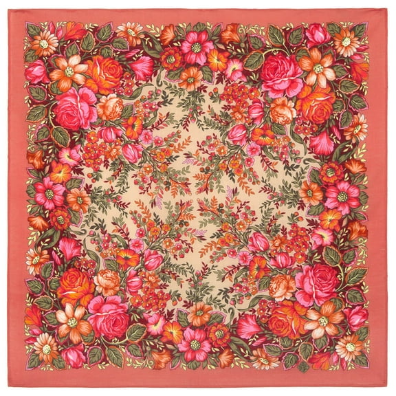 Pavlovo Posad Cherished Dream Wool Shawl 28.3x28.3'' (72x72 cm) 100% Wool Wrap Fashion Shawl for Women Floral Merino Wool Scarf, Coral and Pink 192274