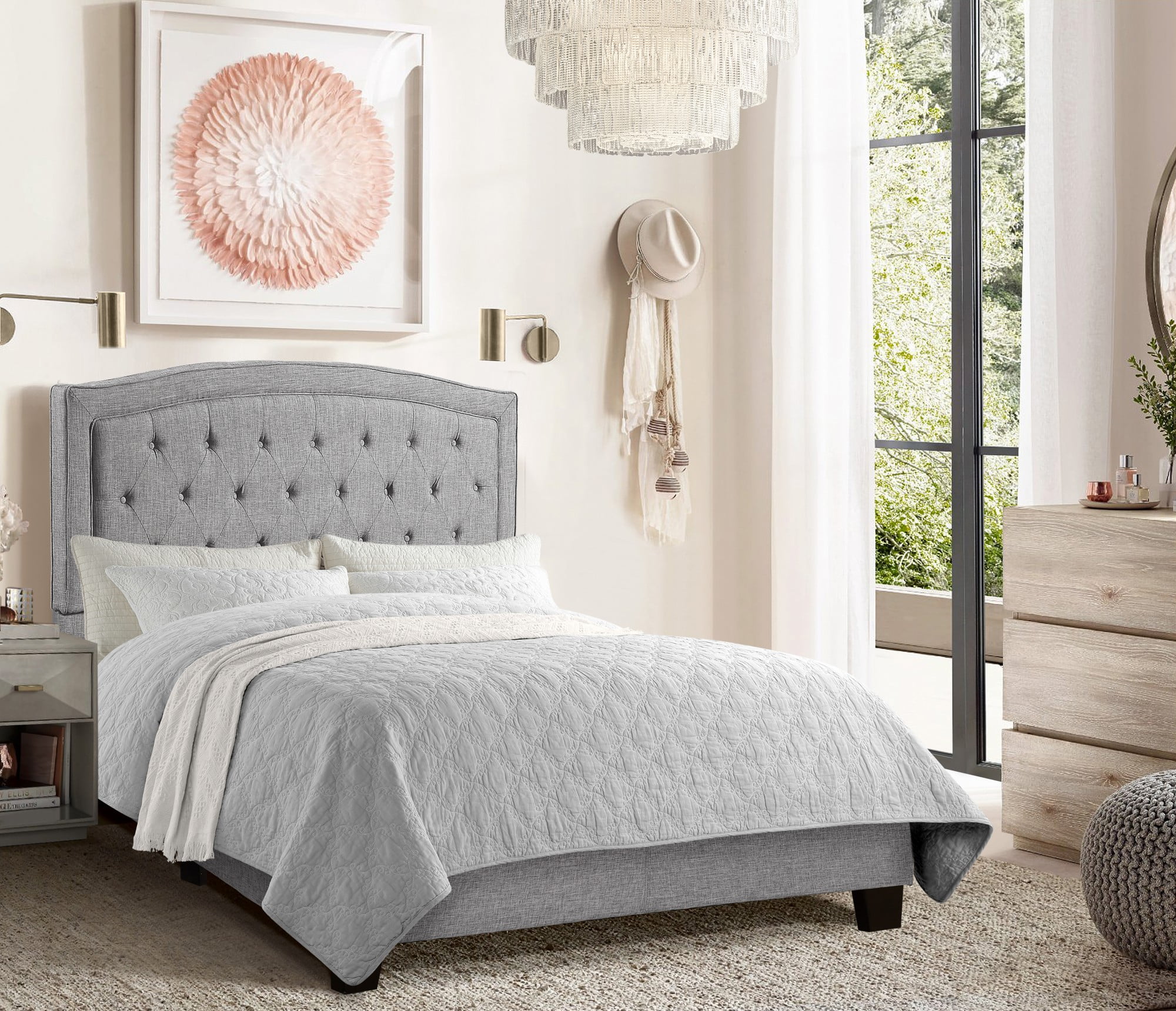 Gewnee Full Size Gray Bed Frame, Linen Upholstered Headboard, Solid Wood Slat Support & Sturdy Structure, Ideal for Bedroom, Box Spring Required