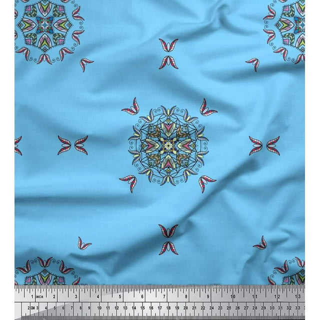 Soimoi Silk Fabric Leaves & Mandala Decorative Print Fabric by Yard 42 Inch Wide