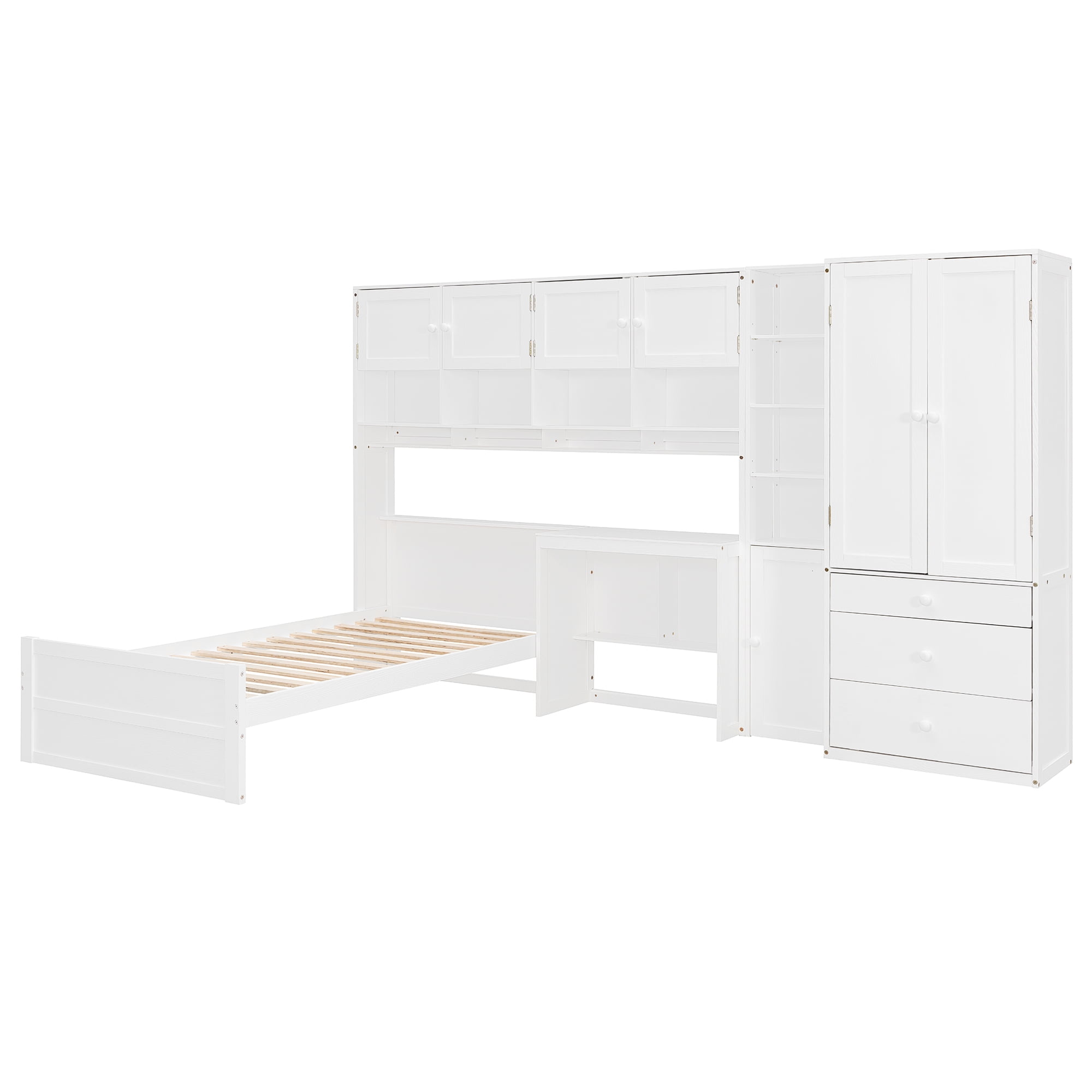 Mintazer Twin Platform Bed with Desk & Wardrobe, Wooden Bed with Cabinets & Shelves Storage and 3 Drawers for Bedroom Playroom Guest Room, White