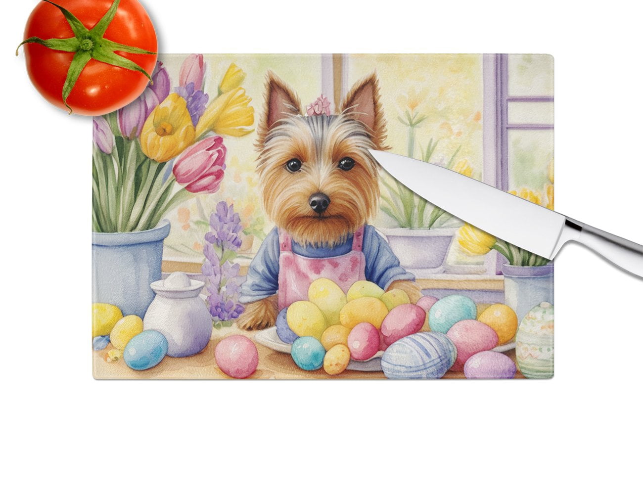 Decorating Easter Silky Terrier Glass Cutting Board 12 in x 15 in