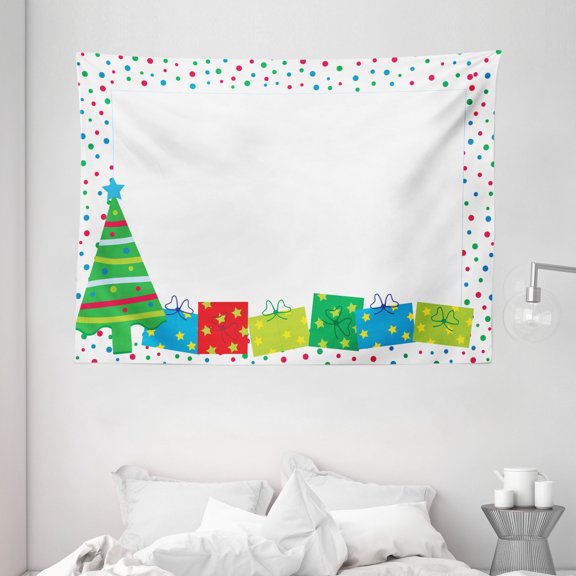 Kids Party Tapestry, Happy Christmas and New Year Theme Pine Tree Surprise Boxes Border with Dots, Wall Hanging for Bedroom Living Room Dorm Decor, 80W X 60L Inches, Multicolor, by Ambesonne