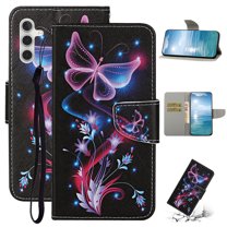 SaniMore for Samsung Galaxy S24 Plus Wallet Case, Painted PU Leather for Women Wrist Strap Magnetic Clasp Card Slots All-around Protective Shockproof Anti-fall Stand Shell, Fluorescent Butterfly