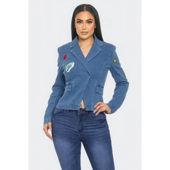 Saronite Patch It Up Denim Long Sleeve Seamlessly Two-Button Front Blazer Jacket, Denim (Women's)