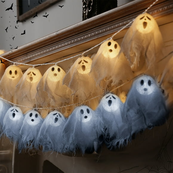 Luces de cadena LED de Halloween Fantasmas blancos | 20 Bombillas alimentadas por batería Iluminación decorativa interior y exterior | Plástico flexible de 9.8 pies | Decoración de fiesta en el