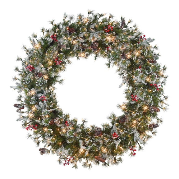 48 in Pre-Lit Glittery PE/PVC Wreath 560 Tips Pine Cones Berries 250 UL Clear Incandescent Lights