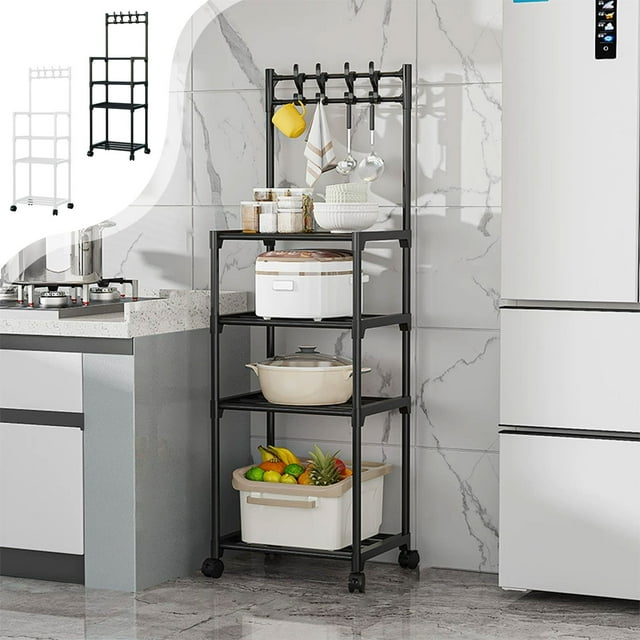 4 Tier Kitchen Storage Rack | Multi-Layer Organizer with Wheels | Plastic & Steel, White/Black | 130x41x30cm | Versatile Floor Shelf for Pantry, Bathroom, Living Room | Heavy-Duty, Easy Clean, Space