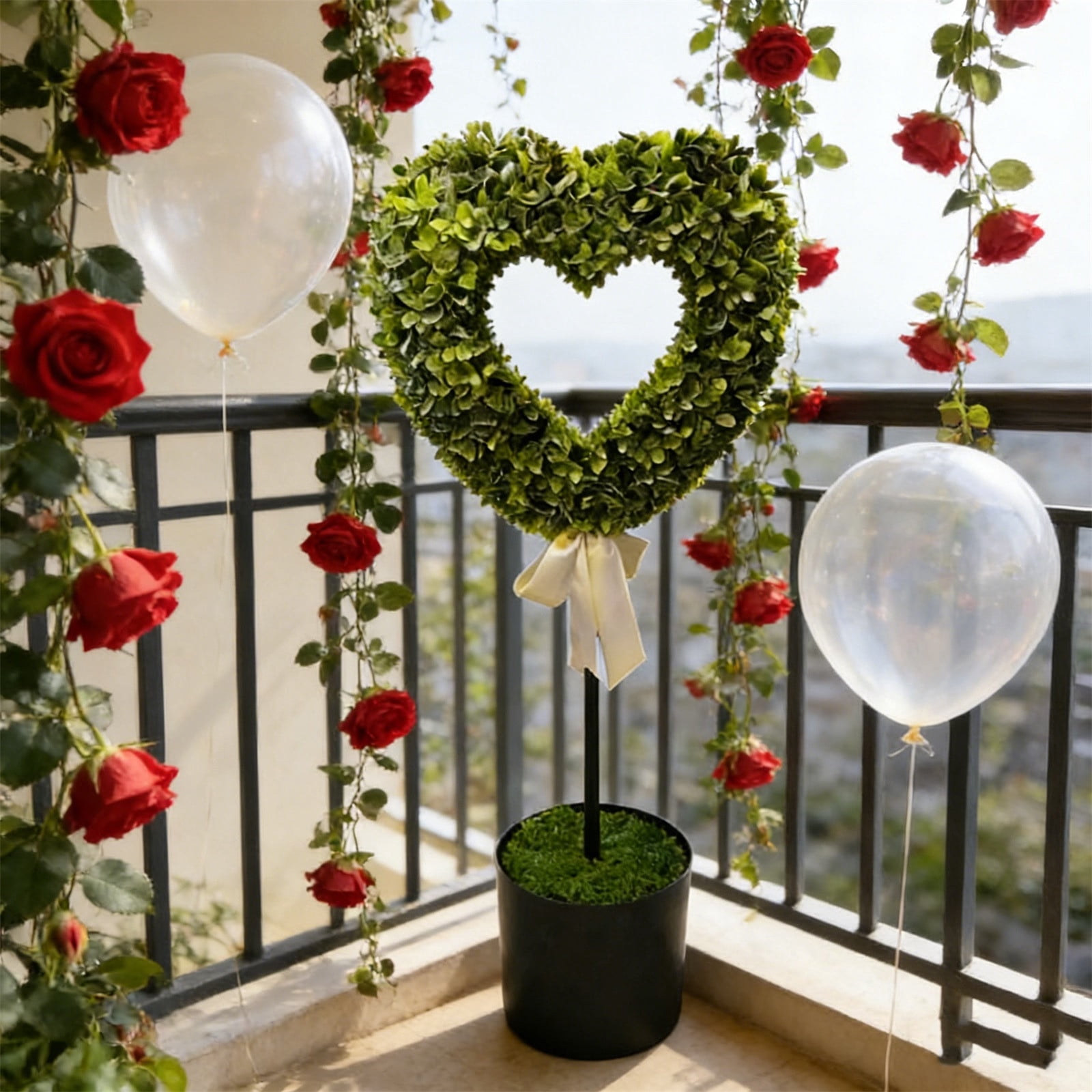 DAMAI Set of 2 Boxwood Heart with Bow Openwork Topiary, 29" Valentine's Day Heart Shaped Topiary Trees with Bow, Artificial Greenery Decorations Heart Ball Planter Pots, Faux Plant for Home Decor