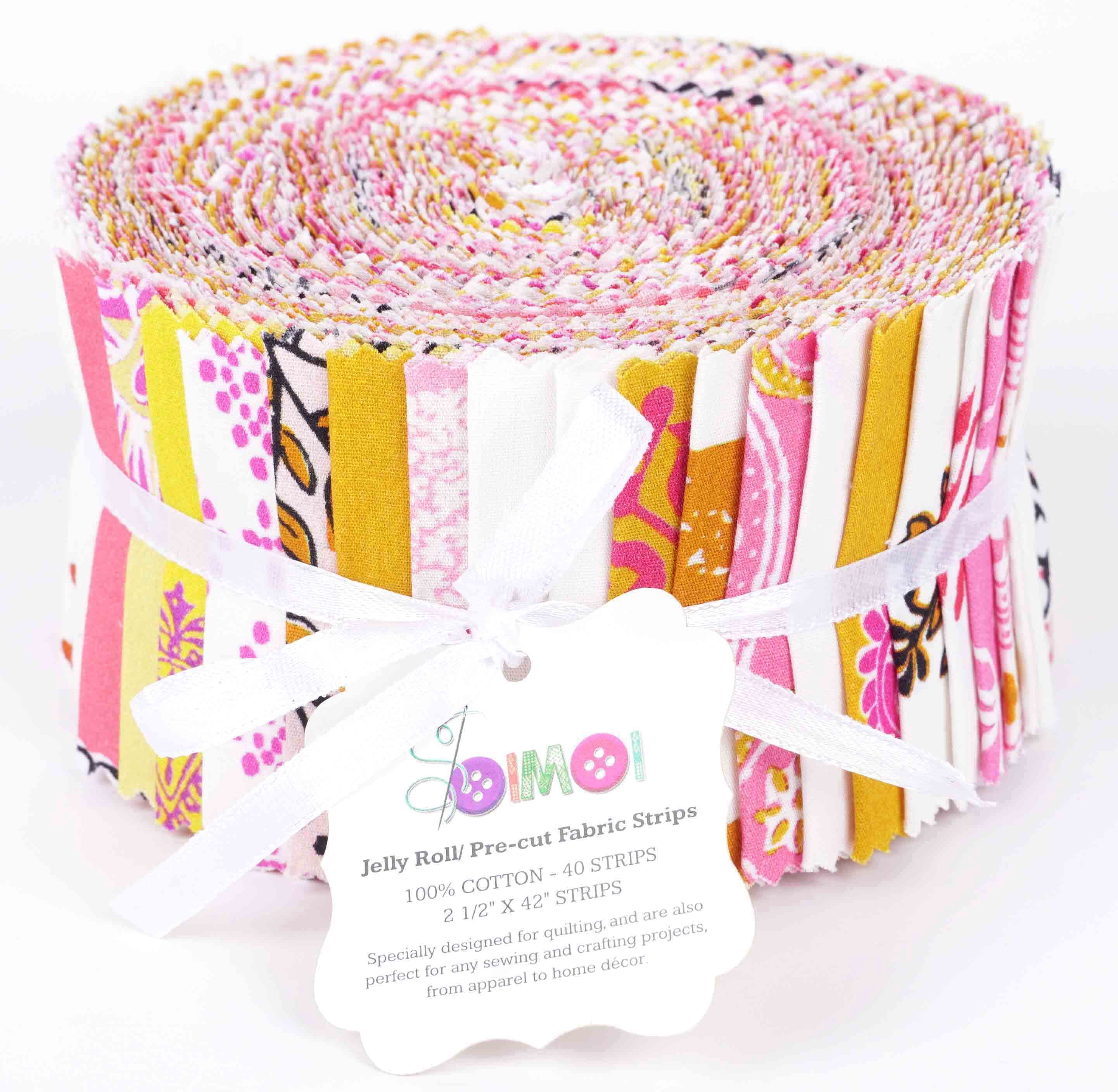 Soimoi 40Pcs Block Print Cotton Precut Fabrics For Quilting Craft Strips 2.5x42inches Jelly Roll - Light Pink