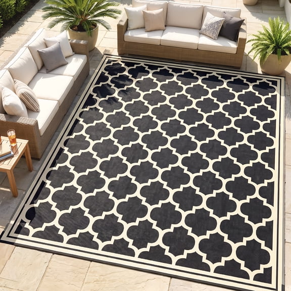 Outsunny RV Mat, Outdoor Patio Rug / Large Camping Carpet, 9' x 12', Waterproof Plastic Straw, Reversible, Black & Beige
