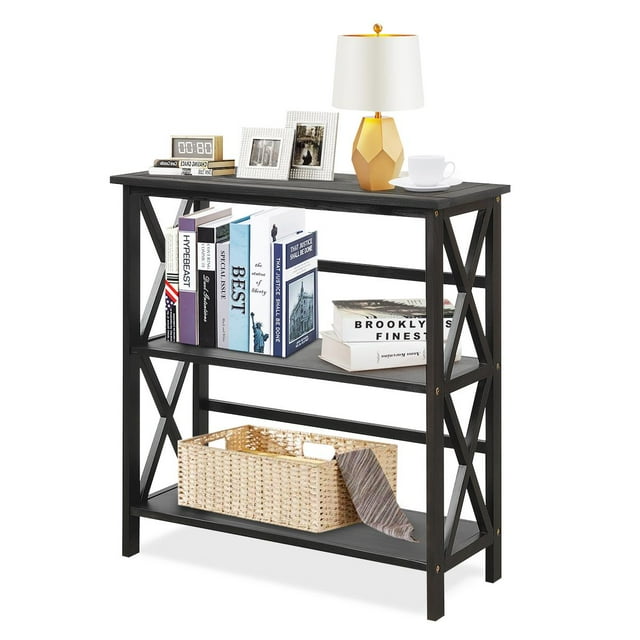 Giantex 3-Tier Bookcase & Bookshelf, Stable Open Storage Shelf w/Solid Wood Frames & X-Design for Home Office, Black