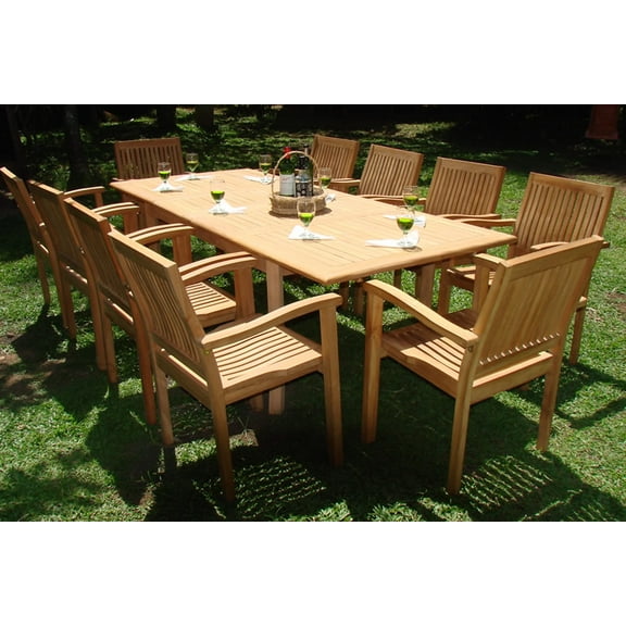 Teak Dining Set:10 Seater 11 Pc -117" Rectangle Table And 10 Stacking Leveb Arm Chairs Outdoor Patio Grade-A Teak Wood WholesaleTeak #WMDSLVg