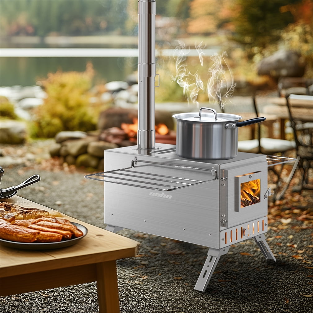 Wisfor Heavy Duty Stainless Steel Camping Wood Burning Stove Tent Stove for Outdoor Heating Cooking with Chimney, 12.2x15.75inch