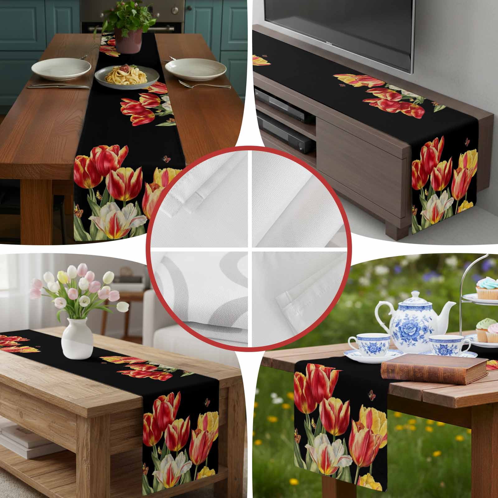 Colorful Tulip Flower on Black Table Runner 90 Inches Long, Watercolor Floral Butterfly Table Runners Tabletop Scarf Kitchen Dining Tables Decoration for Home Party Indoor Outdoor