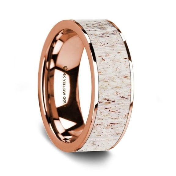 Flat Polished 14K Rose Gold Wedding Ring with White Deer Antler Inlay - 8 mm - Size 10