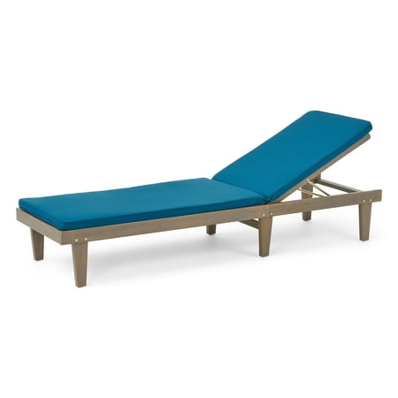 Noble House Maddison Outdoor Acacia Wood Chaise Lounge and Cushion Set Gray and Blue