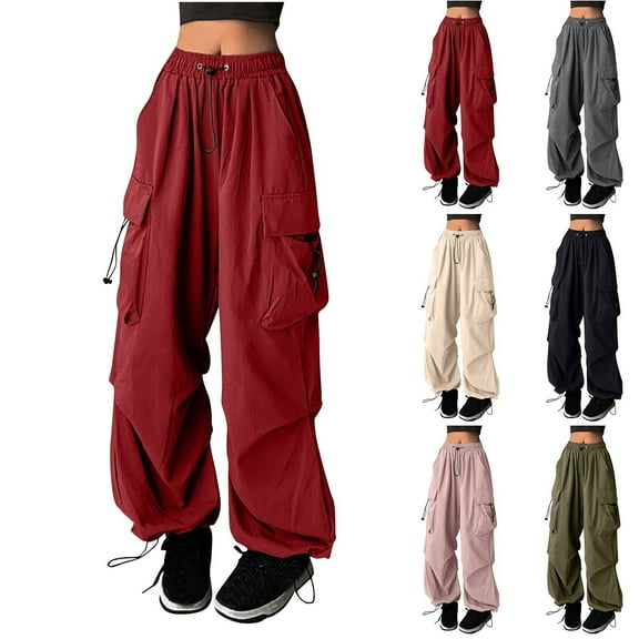 FRSASU Women's Cargo Pants Solid Color Fashion High Waist Drawstring Wide Leg Casual Cropped Pants Red