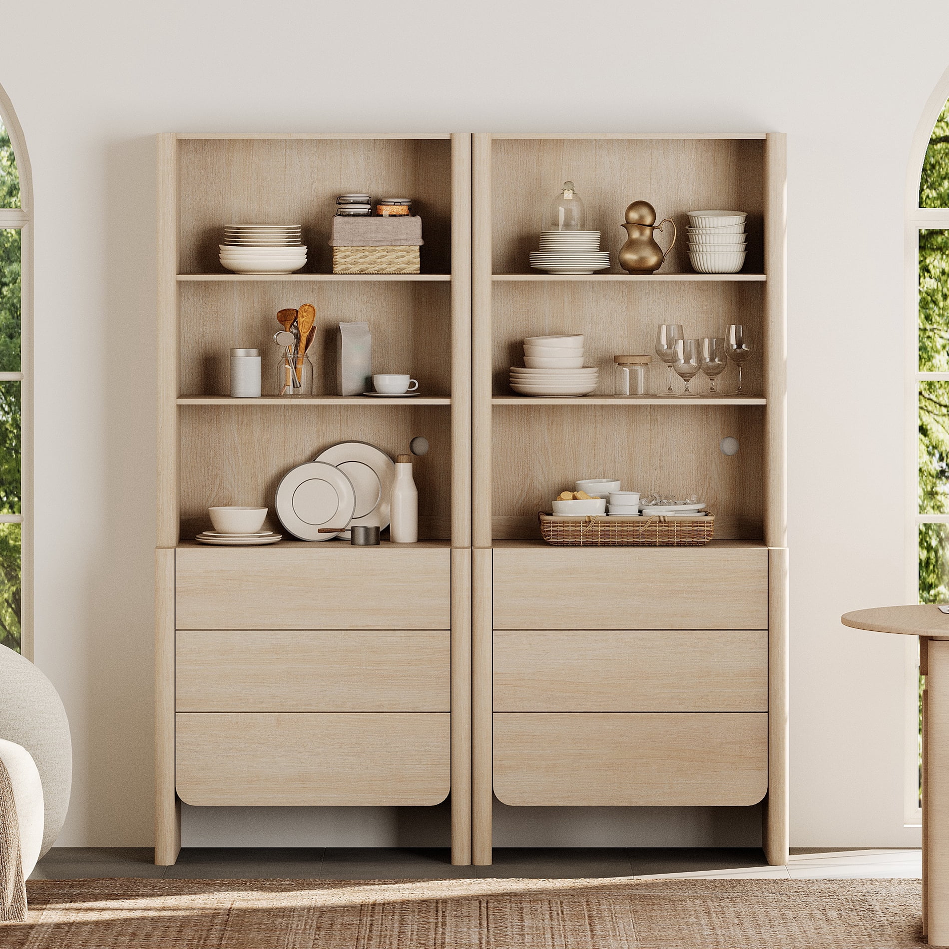 63-Inch Modern French Bookcase with Curved Edges, 6 Drawers and Open Shelving, 72.8" Tall, Beige