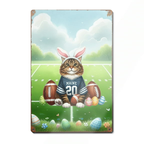 Happy Easter Hello Spring Maine Coon Playing Football Vertical Metal Aluminum Sign Cat Lover Kitten Owner Gifts Wall Art Home Decor - 13003