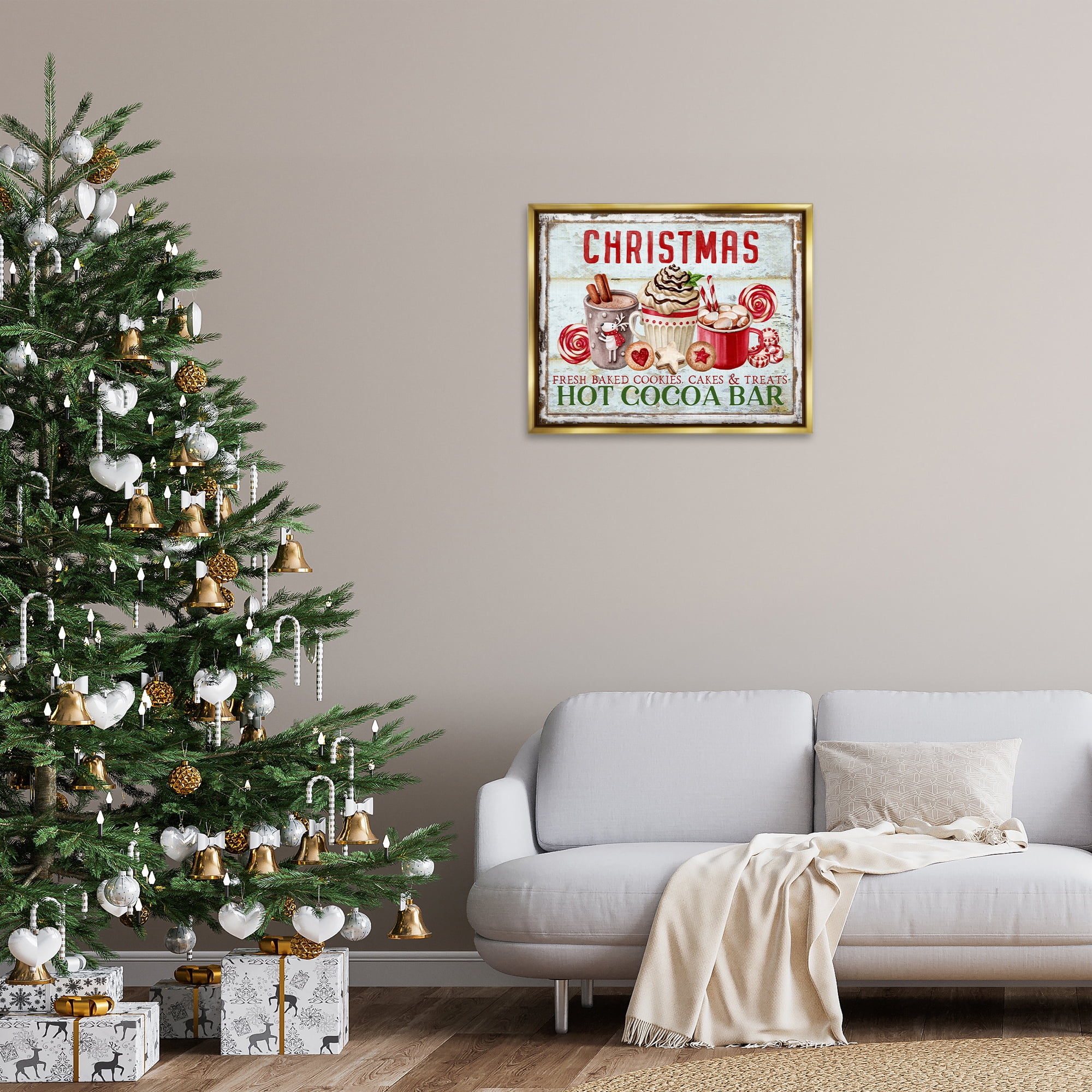 Stupell Industries Festive Hot Chocolate Holiday Painting Gold Floater Framed Canvas Art Prints Wall Art, 31 x 25