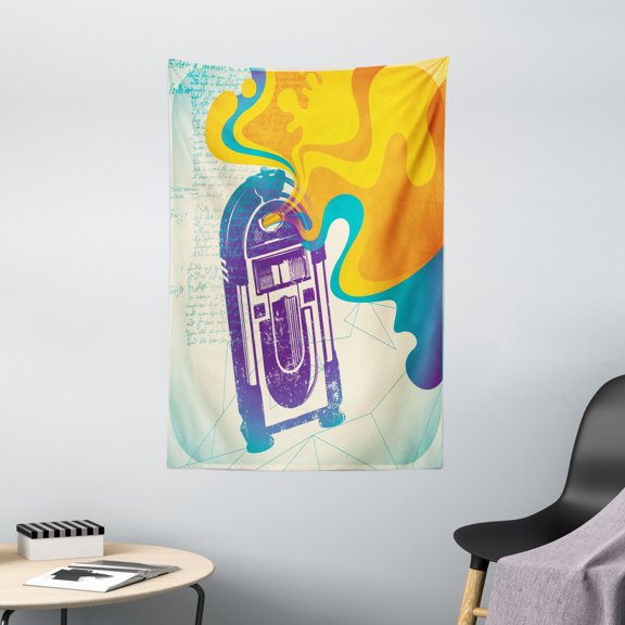 Jukebox Tapestry, Retro Vintage Radio Music Box with Marigold Yellow Abstract Fog Like Image, Wall Hanging for Bedroom Living Room Dorm Decor, 40W X 60L Inches, Purple and Blue, by Ambesonne