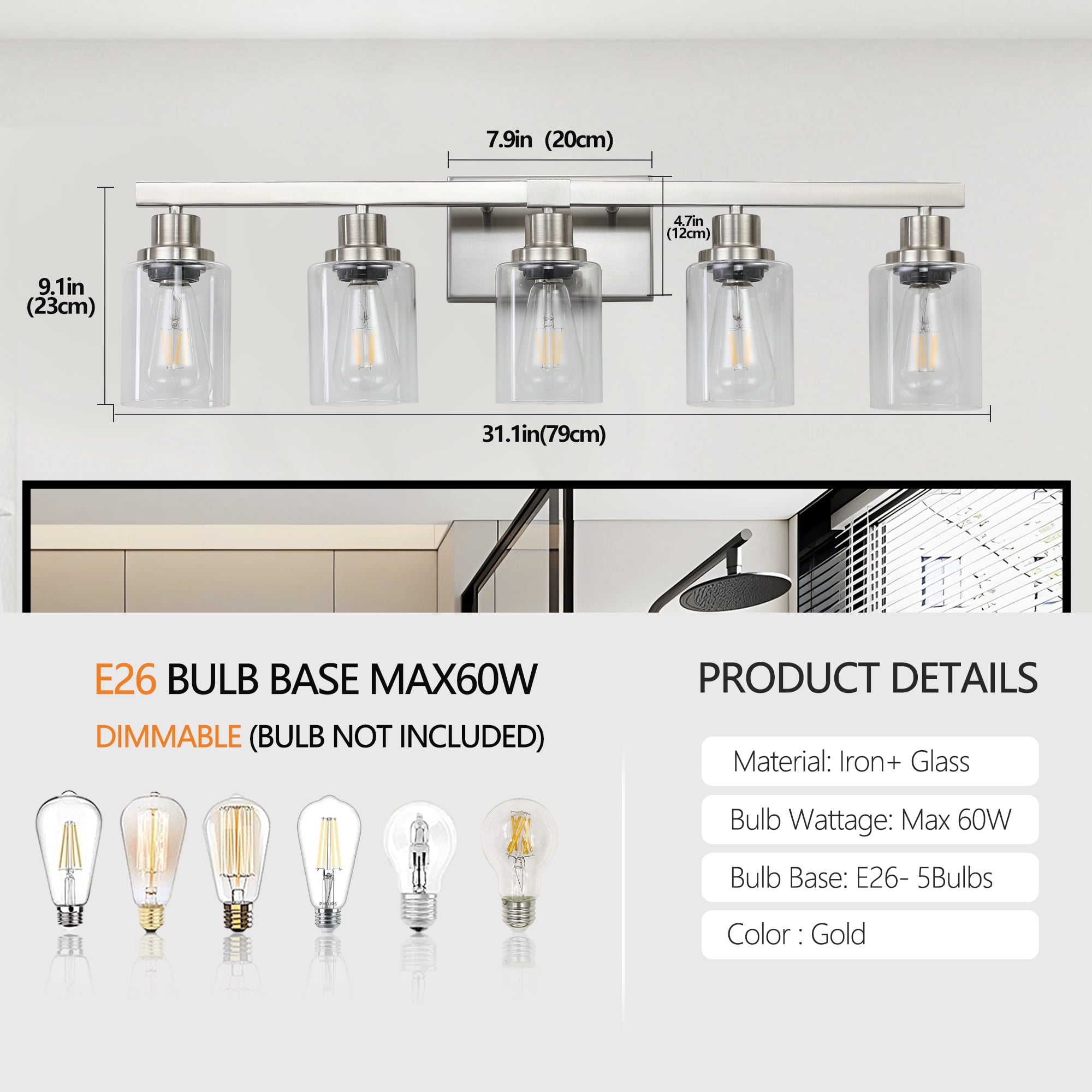 5-Light Bathroom 31" Vanity Light Fixture Brushed Nickel Finish with Clear Glass Shades, Perfect for Bathroom, Vanity, and Dressing Area Lighting