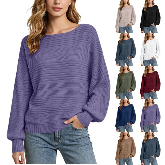 Sweaters for Women Horizontal Ribbed Knit Boat Neck Drop Shoulder Balloon Long Sleeve Loose Casual Pullover Tops