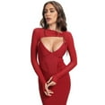 thumbnail image 4 of BEAUKEY Women's Sexy Mesh Bandage Dress V Neck Bodycon Long Sleeves Celebrity Club Hollow Party Knee Length Vestidos Red, 4 of 6
