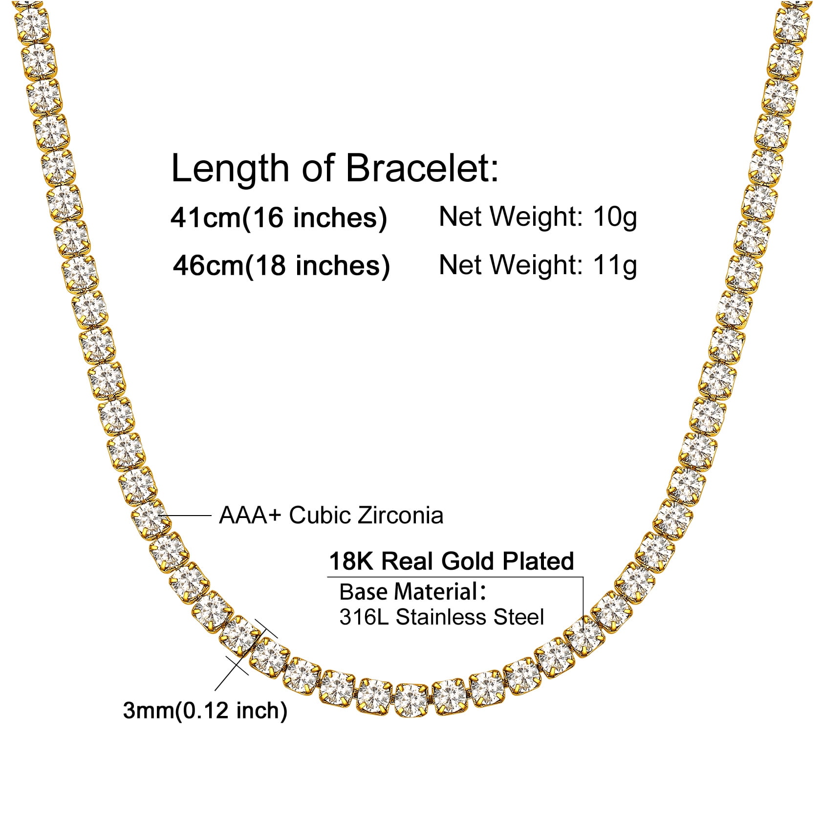 ChainsHouse 14K Gold Plated Tennis Necklace for Women 3mm Width Round Cut Cubic Zirconia Created Diamond Chain Jewelry, 18"