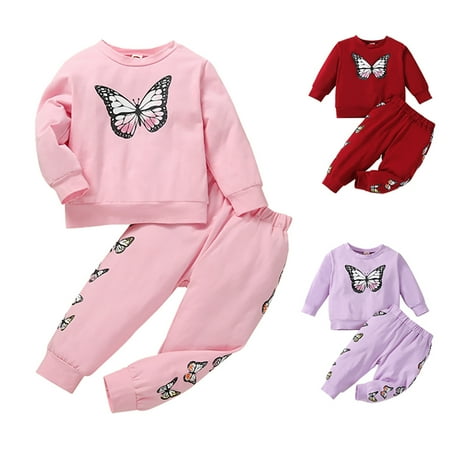 

GYRATEDREAM 3-27M Toddler Baby Girl Butterfly Fall Clothes Long Sleeve Pullover Crew Neck Top Sweatshirt Pants Casual Winter Outfits