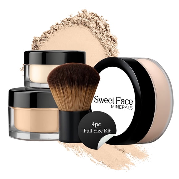Kit de 4 piezas de tamaño completo (Feria 1) Maquillaje mineral Base suelta translúcida mate + Brocha Kabuki + Corrector + Polvos fijadores de acabado + Rostro desnudo total SPF 30 Todo tipo de piel